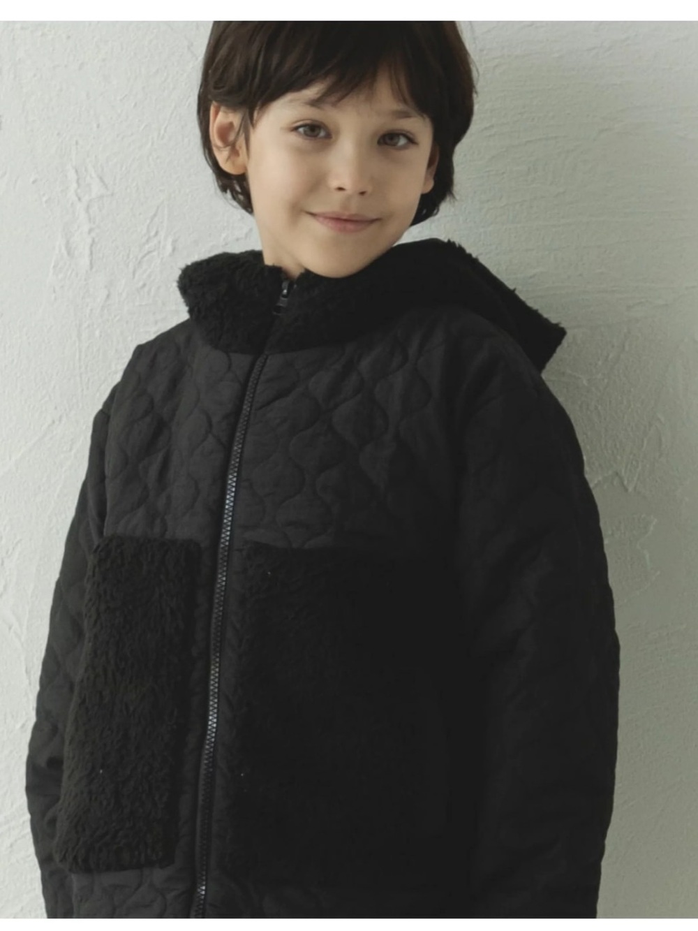 Kids Black Quilted Hooded Puffer Jacket with Sherpa Pockets